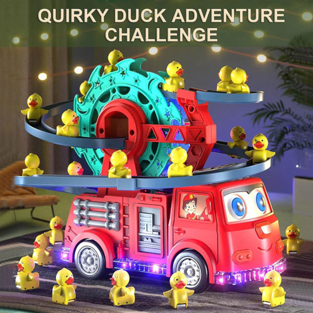 Firetruck Toys Fire Rail Car With Ducks Swivel Slide Wheels Flashing Colorful 4d Led Lights