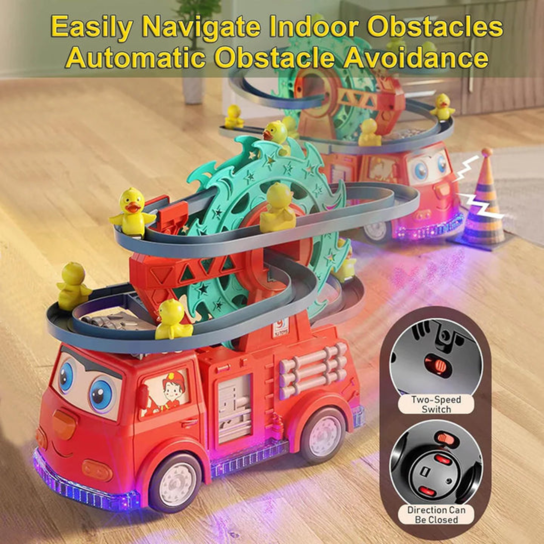 Firetruck Toys Fire Rail Car With Ducks Swivel Slide Wheels Flashing Colorful 4d Led Lights