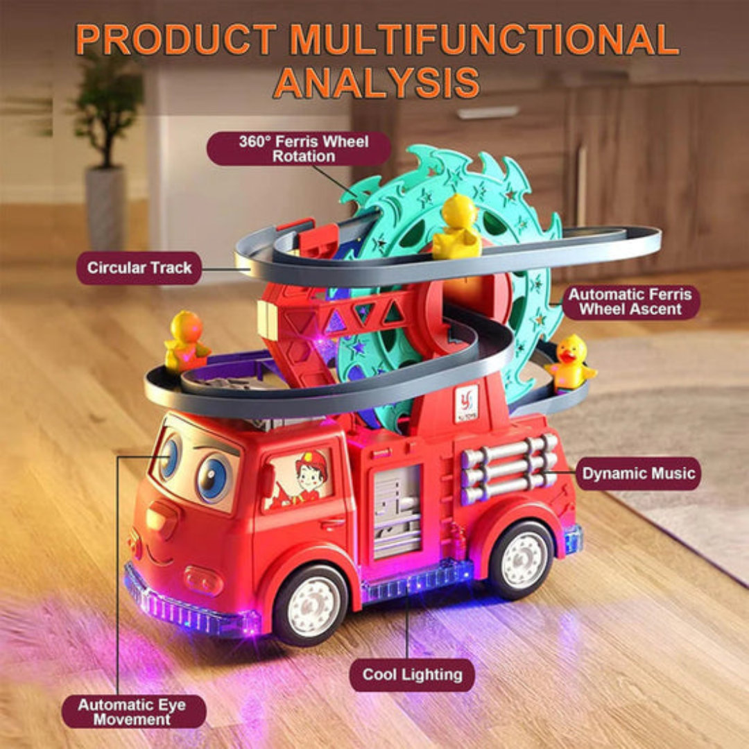 Firetruck Toys Fire Rail Car With Ducks Swivel Slide Wheels Flashing Colorful 4d Led Lights